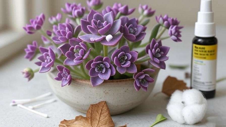 Succulent with purple flowers showing mealybug infestation and natural pest control tools.