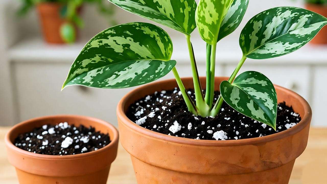 "Silver pothos being repotted into a larger pot with fresh potting mix and perlite."