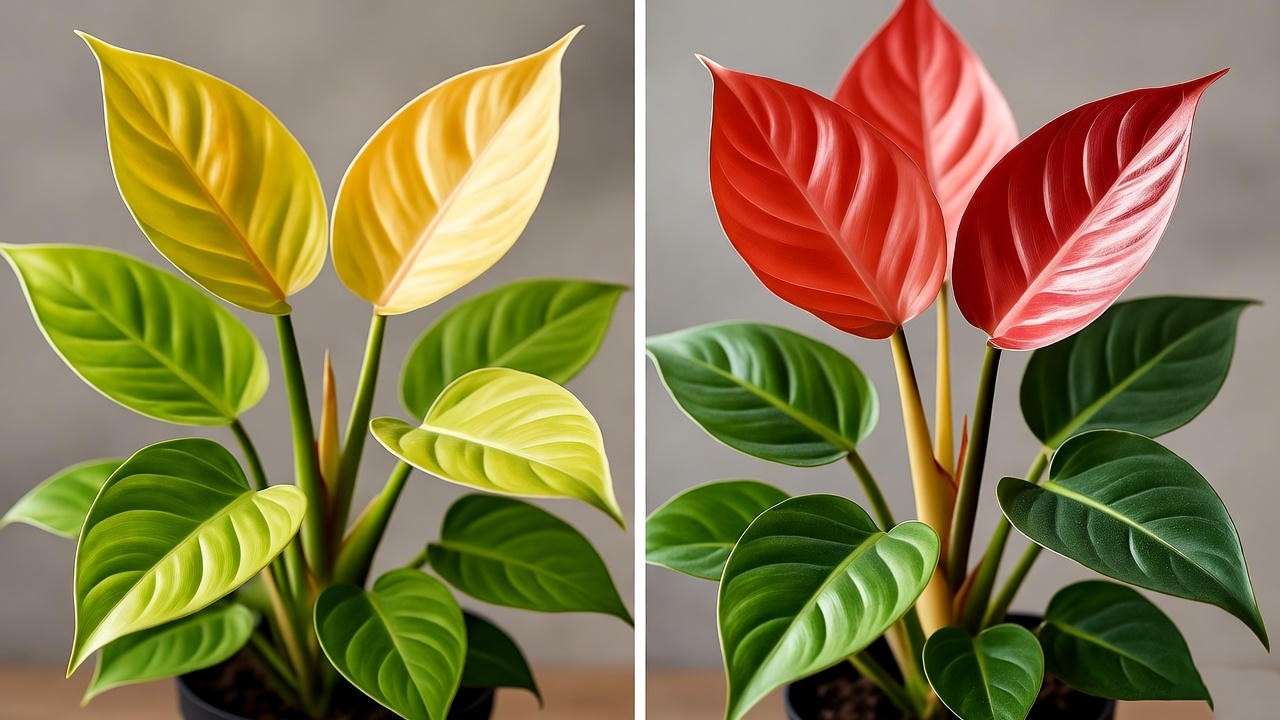 Contrast between yellowing and healthy Philodendron Red Heart leaves for troubleshooting.
