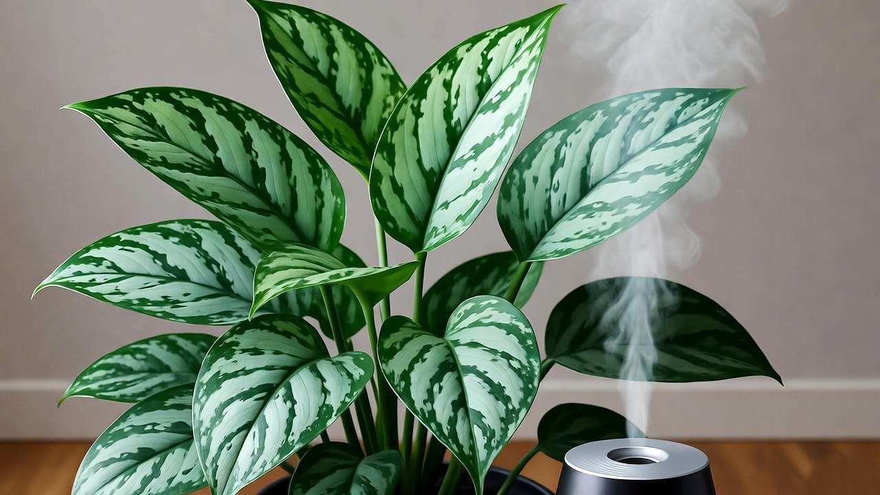 "Silver pothos thriving near a humidifier with gentle mist in a cozy indoor setting."