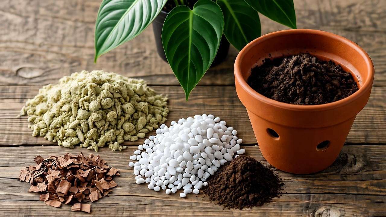  Rustic table displaying peat moss, perlite, orchid bark, and compost for a philodendron congo soil mix, with a vibrant plant in the background.