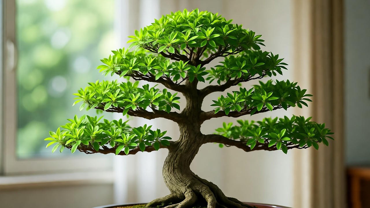 "Mature Chinese Elm Bonsai with dense ramification on a stand, showcasing advanced indoor bonsai care."