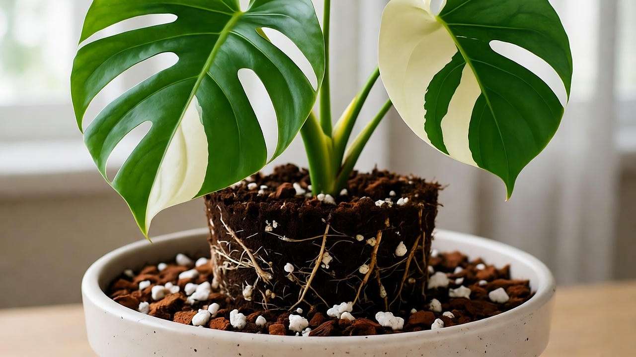 Monstera Albo root ball repotting with airy soil mix and gardening tools