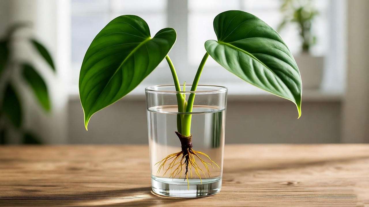 Philodendron Florida Green stem cutting propagating in water for easy houseplant multiplication.