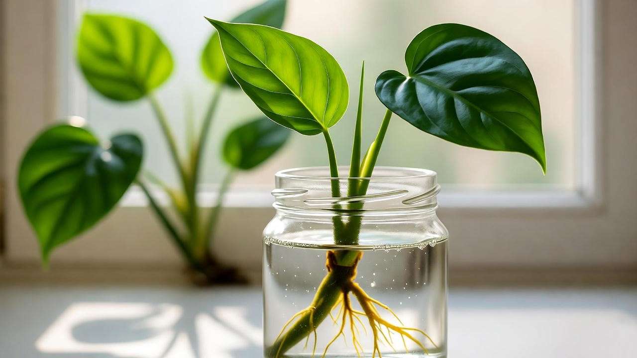 Philodendron congo stem cutting with roots in a glass jar on a windowsill, with a healthy plant in the background under soft, indirect light.