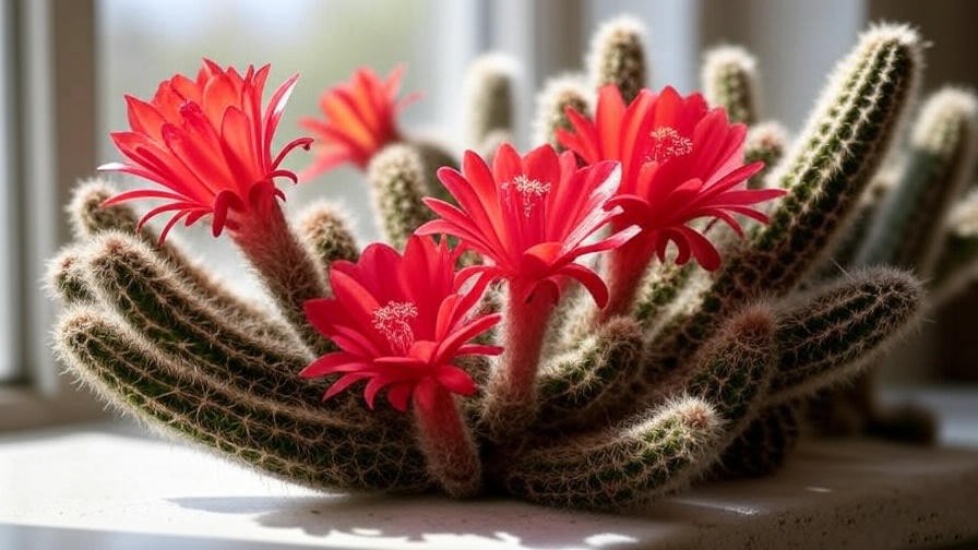 Blooming monkey tail cactus with red flowers indoors