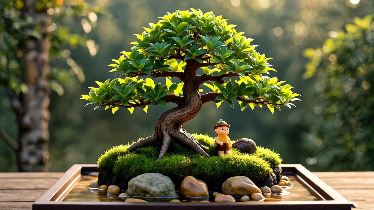 "Chinese Elm Bonsai with a miniature landscape of moss and rocks on a humidity tray, showcasing indoor bonsai decor."