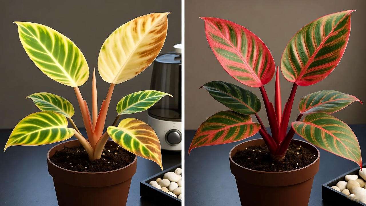 "Comparison of unhealthy and healthy philodendron red plant leaves."