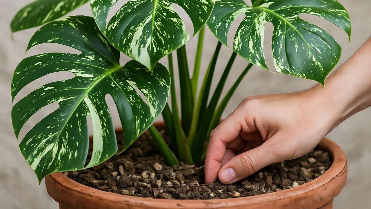 Monstera Albo plant with hand checking dry topsoil and water droplets on leaves