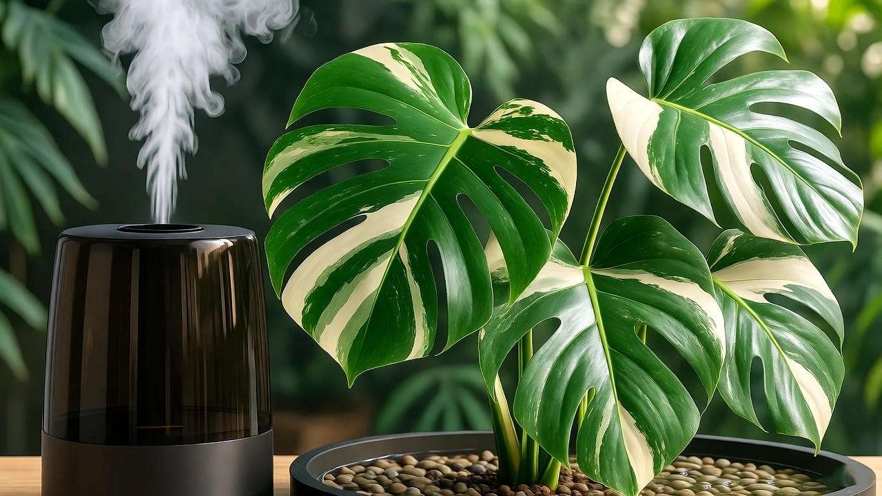 Monstera Albo in humid tropical setting with humidifier and pebble tray