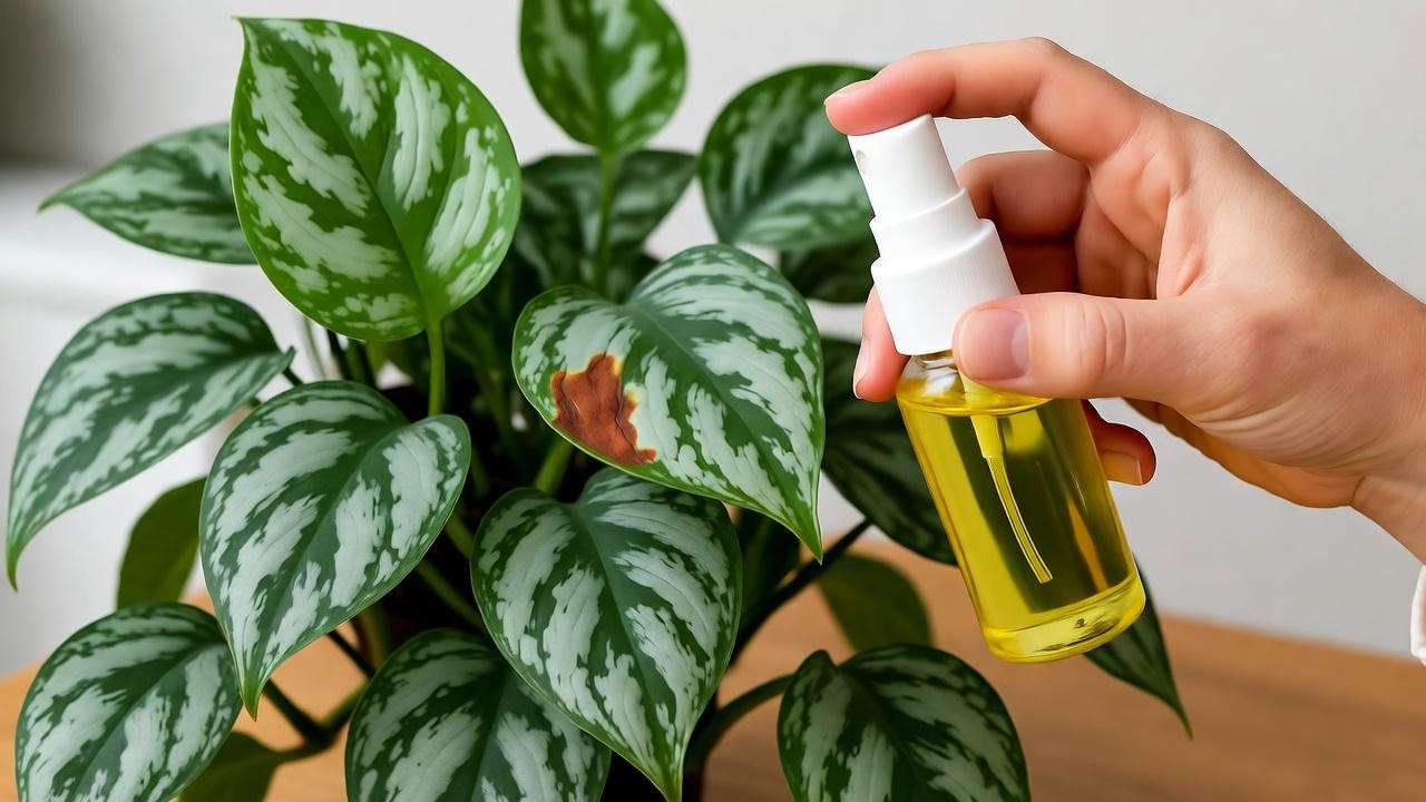 "Silver pothos with brown spots being treated with neem oil spray by hand."