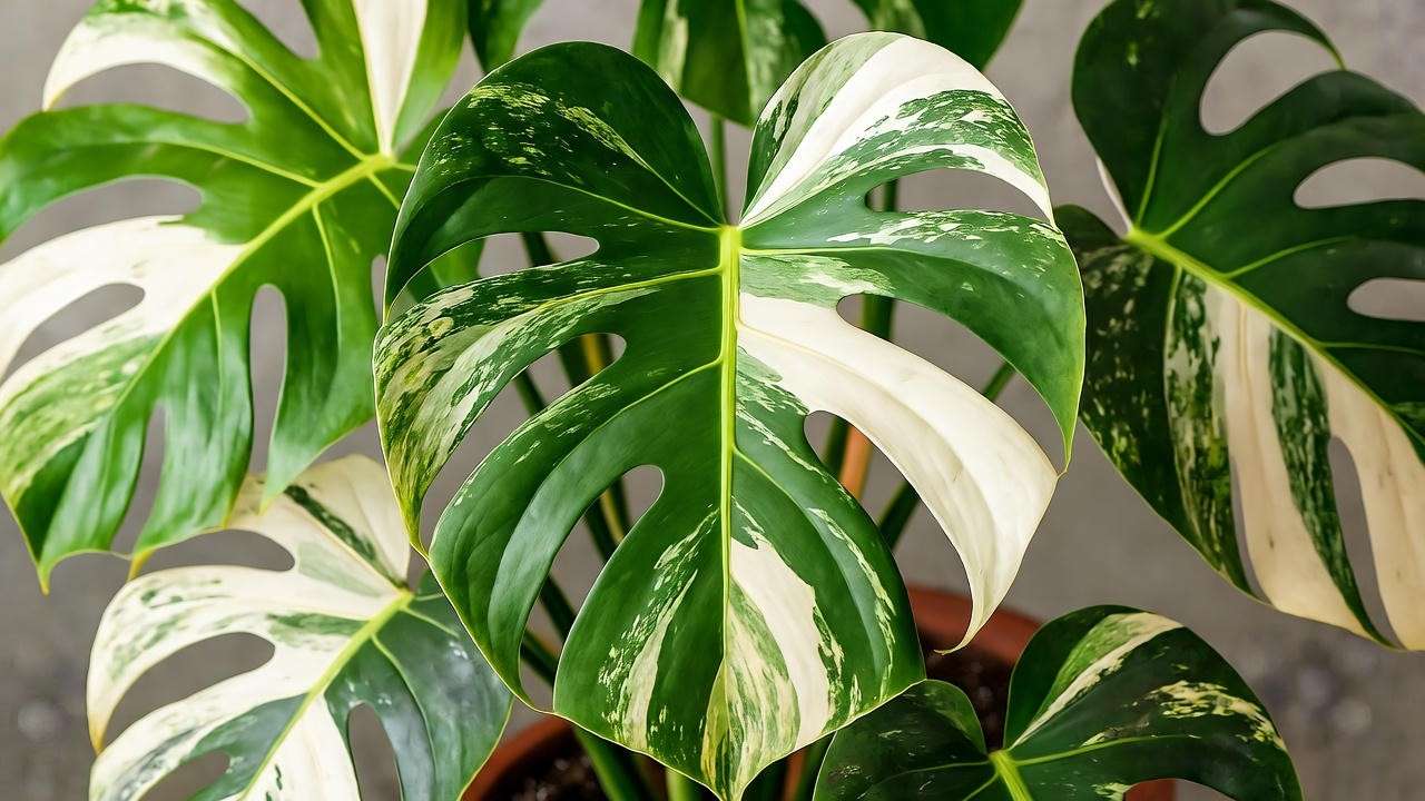 Close-up of variegated monstera leaves with creamy white and golden streaks in soft natural light.