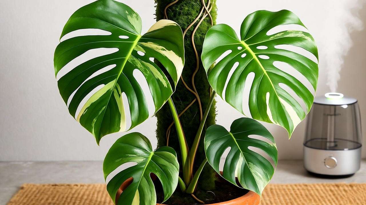 Variegated monstera climbing a moss pole with aerial roots in a humid indoor setting.