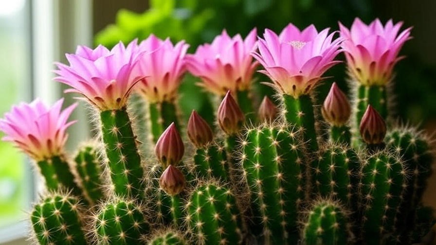 "Close-up of cactus with vibrant pink and yellow flowers under indoor lighting near a south-facing window."