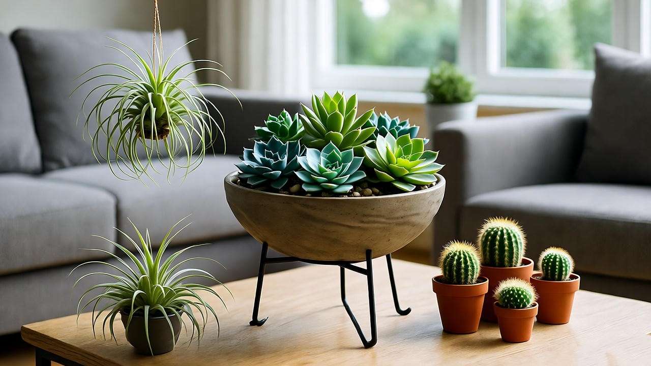"Succulent bowl on a stand with air plants and cacti in a modern living room."