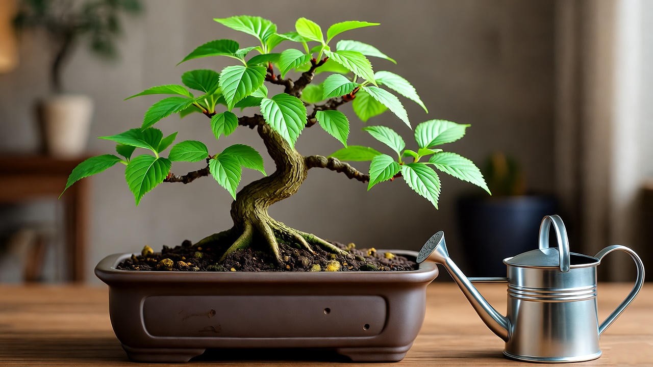 "Chinese Elm Bonsai in a bonsai pot with well-draining soil and a watering can, illustrating ideal indoor plant potting."