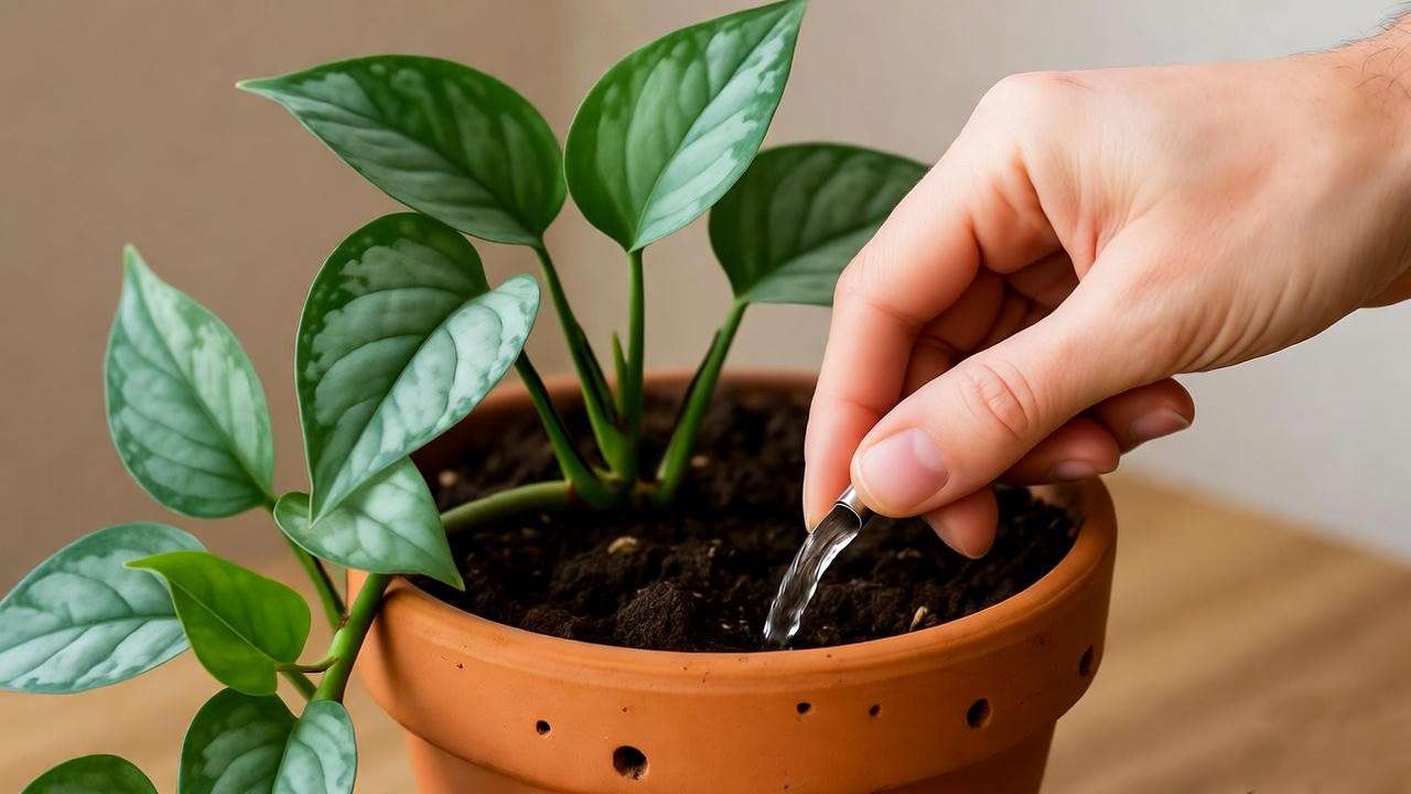 "Hand watering a silver pothos in a well-draining terracotta pot with moist soil."
