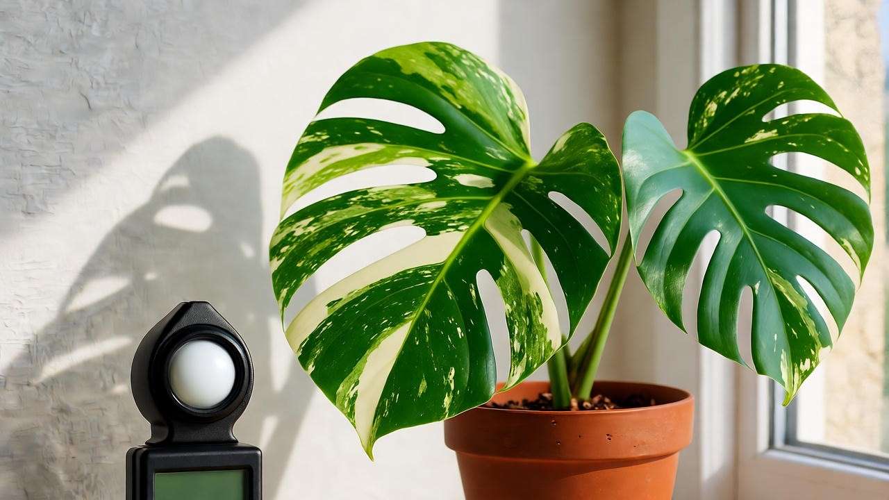 Variegated monstera in a terracotta pot near a window with bright, indirect sunlight.