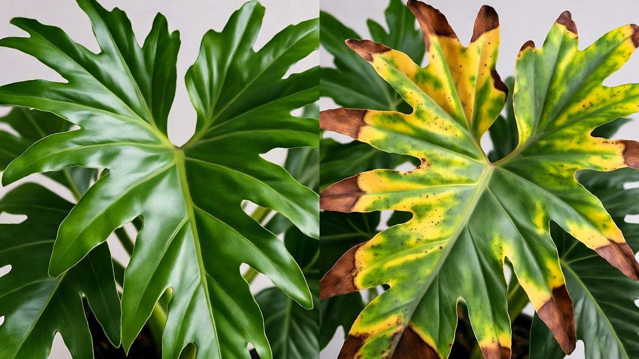 Common leaf problems on Philodendron Florida Green including yellowing and browning for plant troubleshooting.