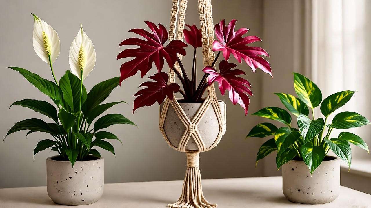 "Philodendron red plant in macramé hanger with companion plants."