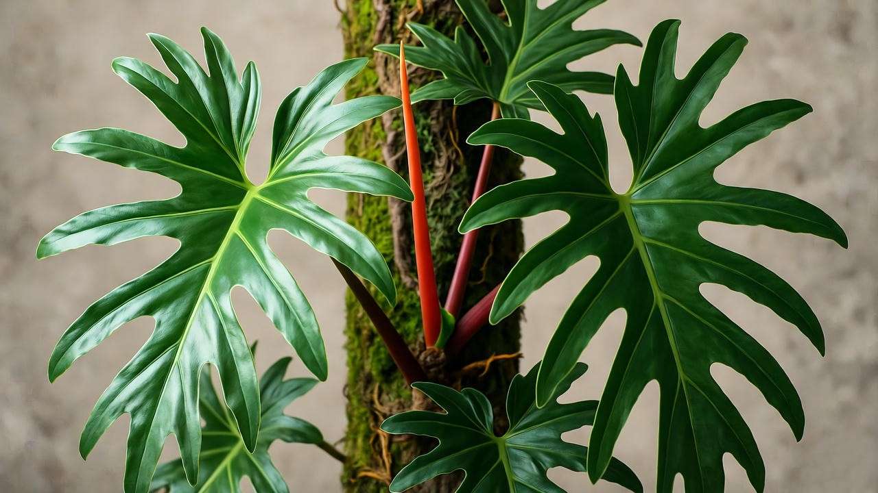 Close-up of Philodendron Florida Green hybrid plant with lobed leaves and red stems for indoor gardening.