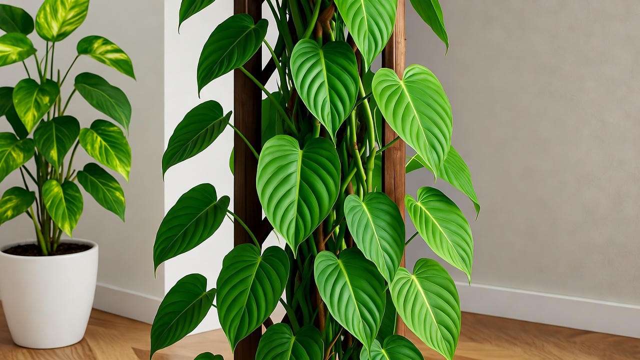 Philodendron Florida Green styled on trellis in home decor for tropical indoor jungle aesthetic.