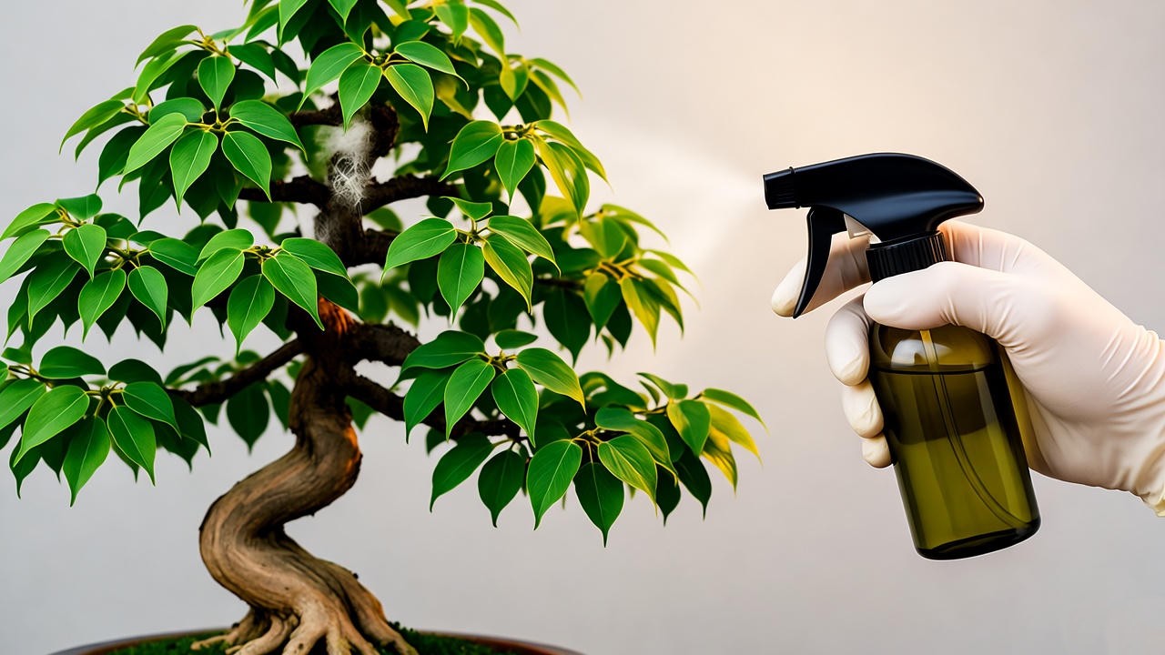 "Gloved hand applying neem oil to a Chinese Elm Bonsai with pest damage, demonstrating indoor plant pest control."