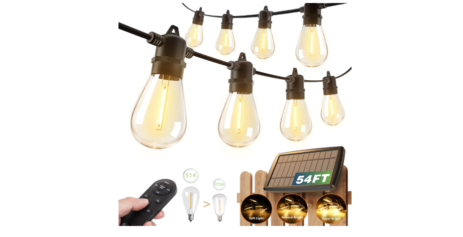 addlon 54FT(48+6) Solar String Lights Outdoor Waterproof with USB Charging & Remote Control - Dimmable Solar Power Patio Lights with LED Bulbs for Porch...
