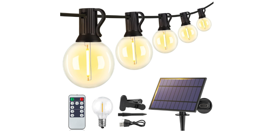 Larkvue 25FT Solar String Lights Outdoor with Remote, Waterproof Dimmable 3 Modes Patio Lights with 10+1 LED Shatterproof G40 Bulbs for Backyard-Black