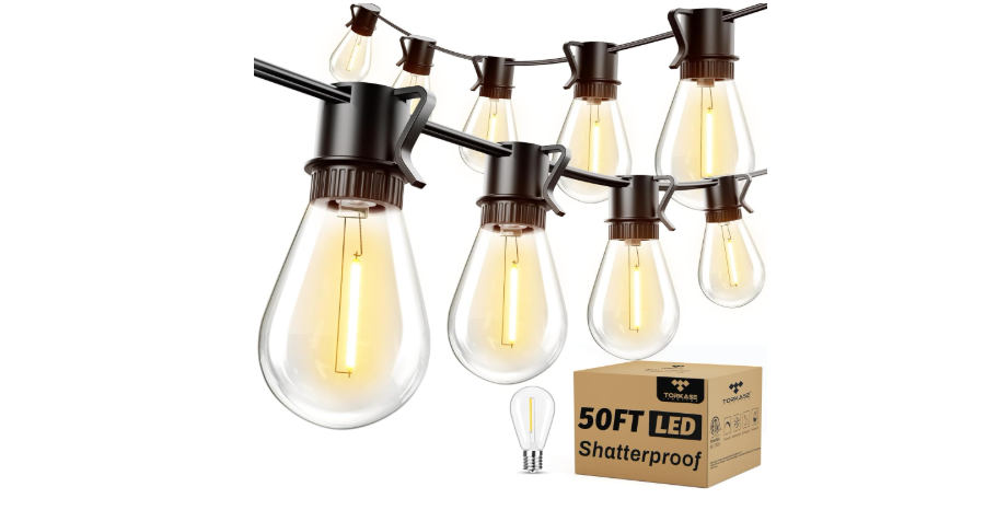 Torkase 50FT Outdoor String Lights LED, S14 Shatterproof Bulbs (15+1), Waterproof Dimmable Patio Lights for Backyard, Porch, Garden - Connectable Commercial...