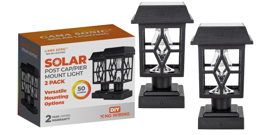 Gama Sonic Luna II Outdoor Solar Light for Column Cap Lamp and Fence Posts, 2-Pack, Pier Mount or 4x4 Mount, Black Cast Heavy-Duty Aluminum, 84BP250011