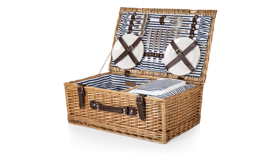 Picnic TME Belmont Picnic Basket for 4, Insulated Wicker Basket Set with Porcelain Plates, Stainless Steel Flatware, Wine Glasses, Cooler, Leatherette...
