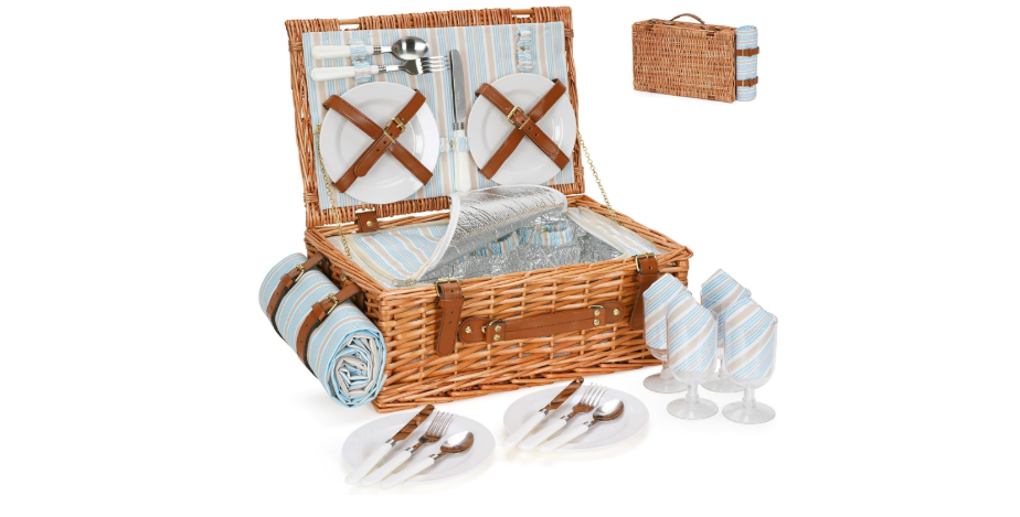  HappyPicnic Wicker Picnic Basket Set for 4 Persons | Large Willow Hamper with Large Insulated Cooler Compartment, Waterproof Blanket and Cutlery Service...