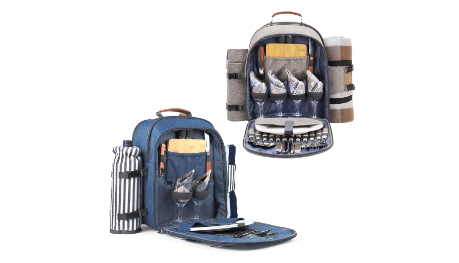  Sunflora Picnic Backpack for 4 Person Set Pack, Insulated Picnic Backpack for 2 Person Bag with Cooler Compartment (Brush Beige and Blue Stripe)