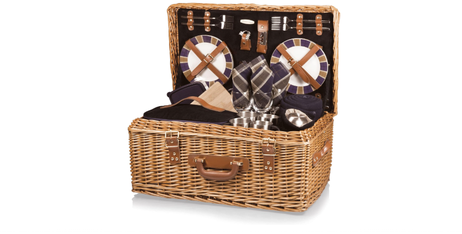  PICNIC TIME - Windsor Luxury Picnic Basket for 4 - Large Wicker Picnic Basket - Deluxe Picnic Set 4, (Navy Blue)