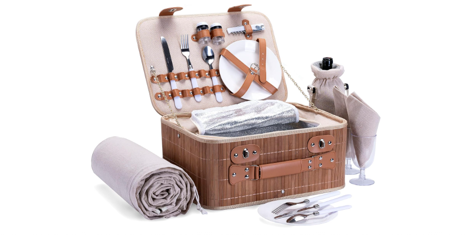  Picnic Basket Set for 2 with Waterproof Blanket Insulated Wine Pouch Hamper with Cutlery for Two Persons, Family,Couple,Camping,Outdoor,Wedding Gift, Birthday