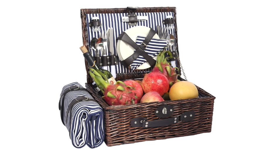  HYBDAMAI Picnic Basket for 4 Persons with Waterproof Picnic Blanket and Insulated Cooler, Large Wicker Picnic Basket for Camping, Outdoors, Valentine's...