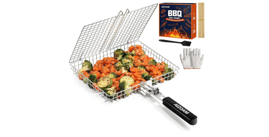 AIZOAM Grill Basket - Grill Baskets for Outdoor Grill, Stainless Steel Large Grilling Basket w Removable Handle, Portable Fish Grilling Rack for Grill Ideal...