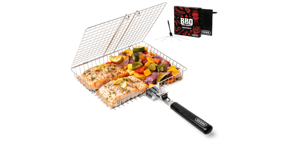 SHIZZO Grill Basket Set, Barbecue BBQ Grilling, Stainless Steel Folding Portable Outdoor Camping Rack for Fish, Shrimp, Vegetables, Cooking Accessories,..