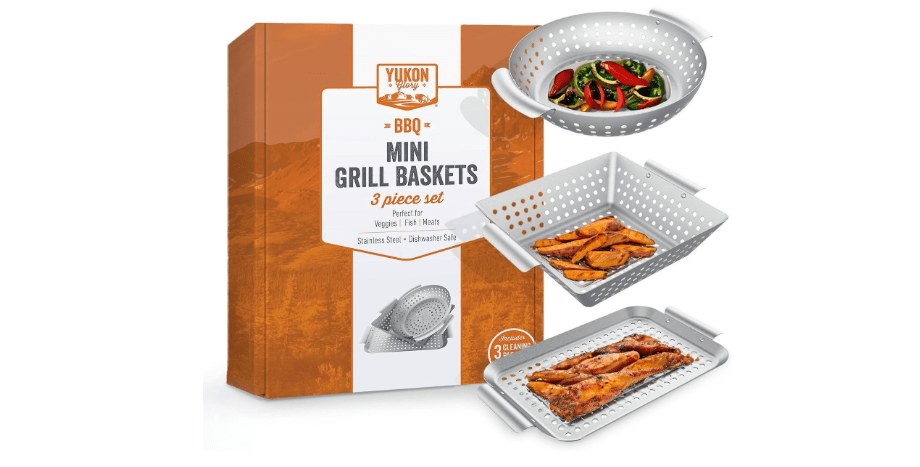 Yukon Glory 3-Piece Mini Grill Basket Set, Stainless Steel BBQ Vegetable Grill Baskets with Grill Pan, Square & Round Baskets, Dishwasher Safe