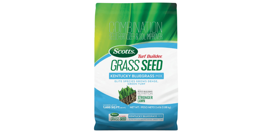 Scotts Turf Builder Grass Seed Kentucky Bluegrass Mix with Fertilizer and Soil Improver, Grows Dense, Green Turf, 2.4lbs.