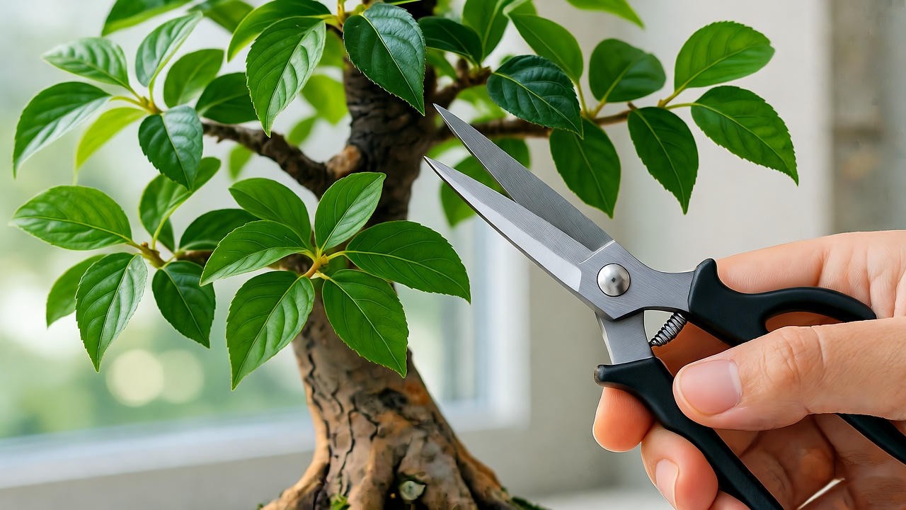 "Close-up of a hand pruning a healthy Chinese Elm Bonsai with bonsai shears, showcasing indoor bonsai care techniques."