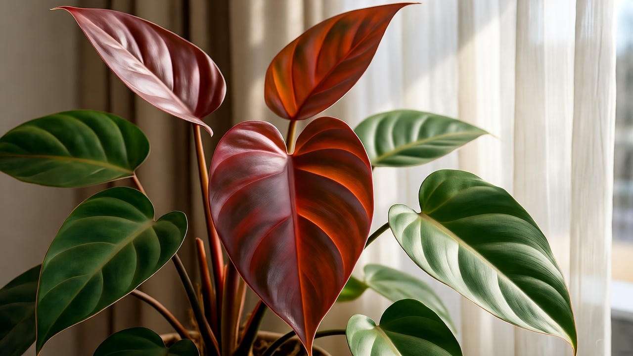 Close-up of Philodendron Red Heart thriving in bright indirect light near a window.