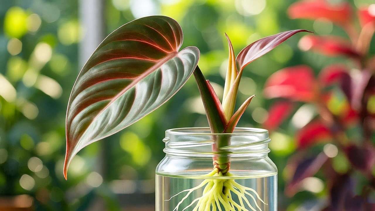Philodendron Red Heart stem cutting propagating in water with emerging roots.