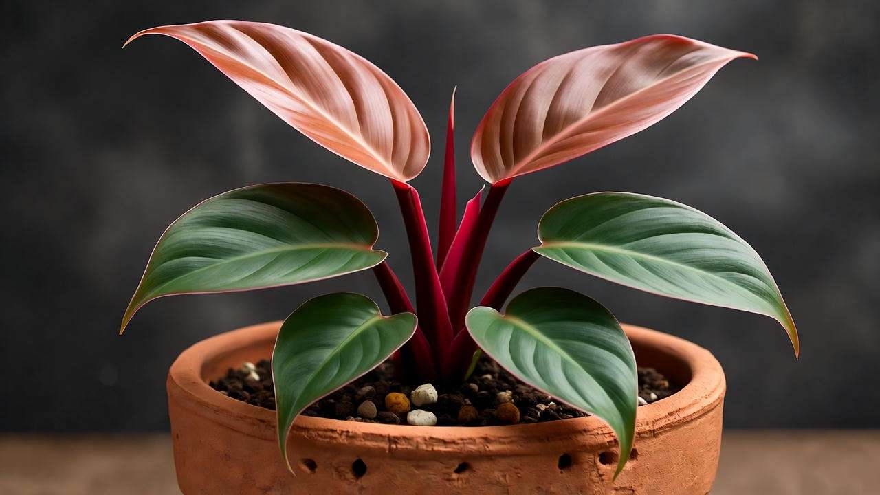 "Close-up of a philodendron red plant in terracotta pot with well-draining soil mix."