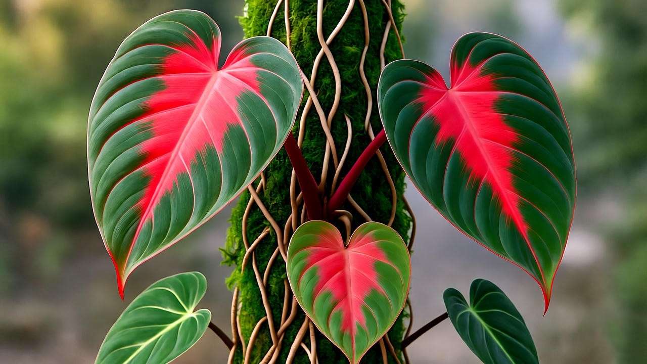 Philodendron Red Heart climbing a moss pole with aerial roots and red-green leaves.