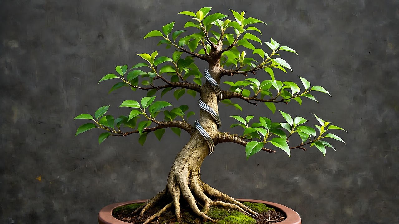 "Chinese Elm Bonsai with wire shaping a branch on a wooden stand, illustrating bonsai styling techniques."