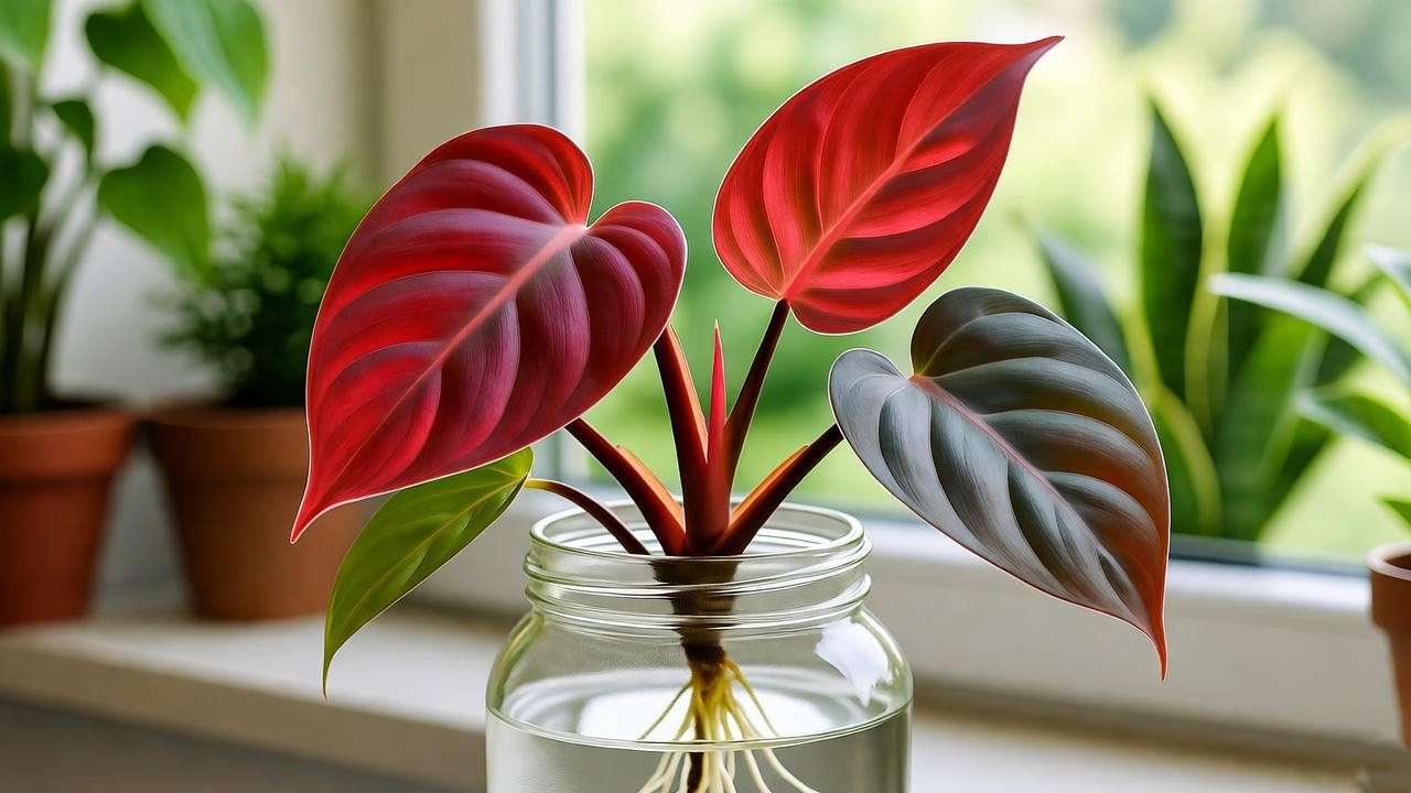 "Philodendron red plant cutting rooting in water on windowsill."