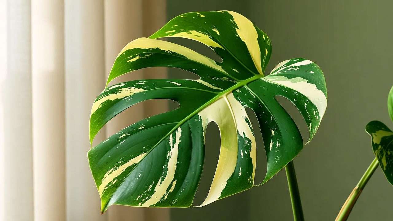 Vibrant Monstera Albo leaf with creamy white and green variegation in bright indirect light near an east-facing window
