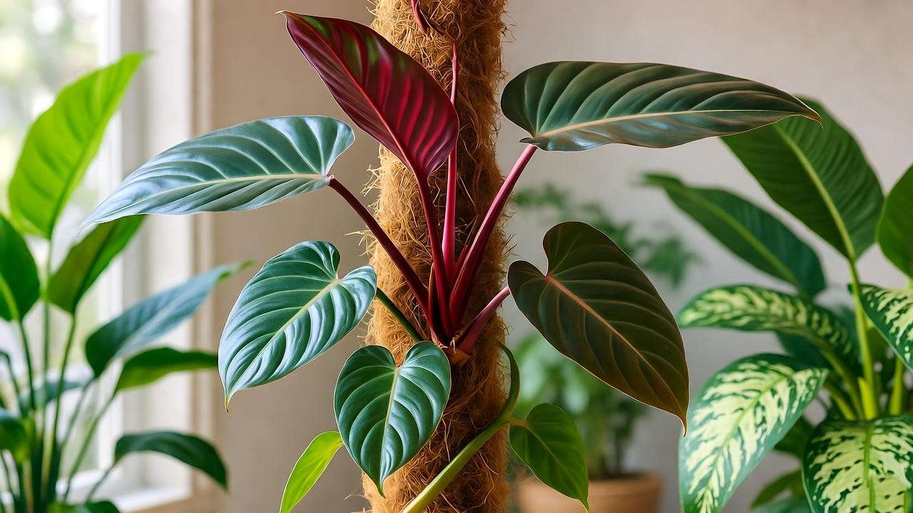 "Philodendron red plant trained on moss pole in modern indoor setting."
